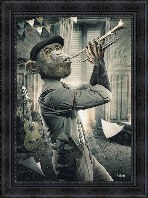 Image encadrée – Sylvain Binet – Singe Trompette – 50x70cm