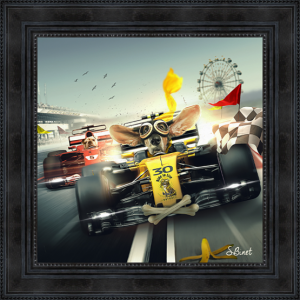 Image encadrée – Sylvain Binet – Chien Formule 1 – 40x40cm