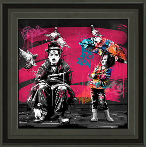 Image encadrée – Romaric – Charlie Chaplin et les pigeons – 40x40cm