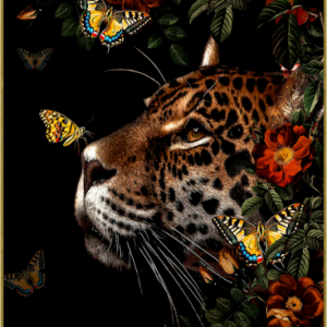 Impression sur verre encadrée – Léopard et papillons – 80x120cm