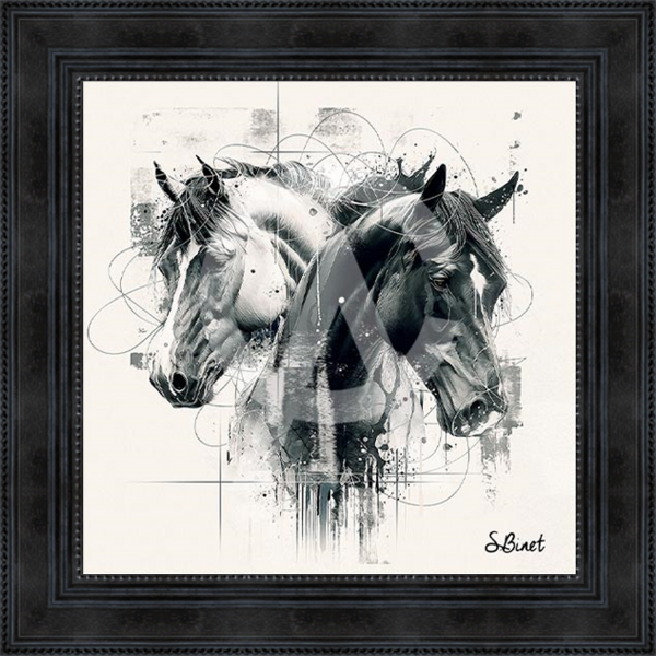 Image encadrée – Sylvain Binet – Chevaux Doubles NB – 40x40cm