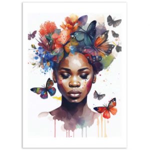 Affiche – Chromatic Fusion Studio – Watercolor Butterfly African woman V3 – 30x40cm ou 50x70cm